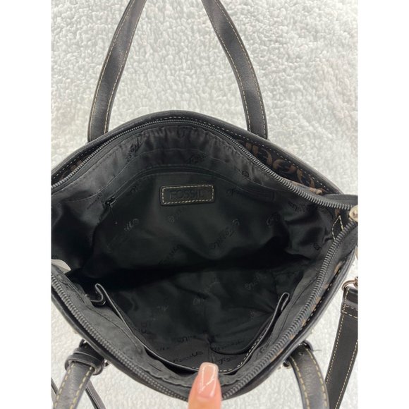 Fossil Womens Satchel Handbag Black Brown Signature Logo Detachable Strap Zip S - Picture 8 of 9